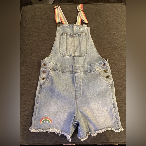 Denim Overall Shorts w/pastel Rainbow Suspenders and Rainbow Patch. Pre-owned - Picture 1 of 16